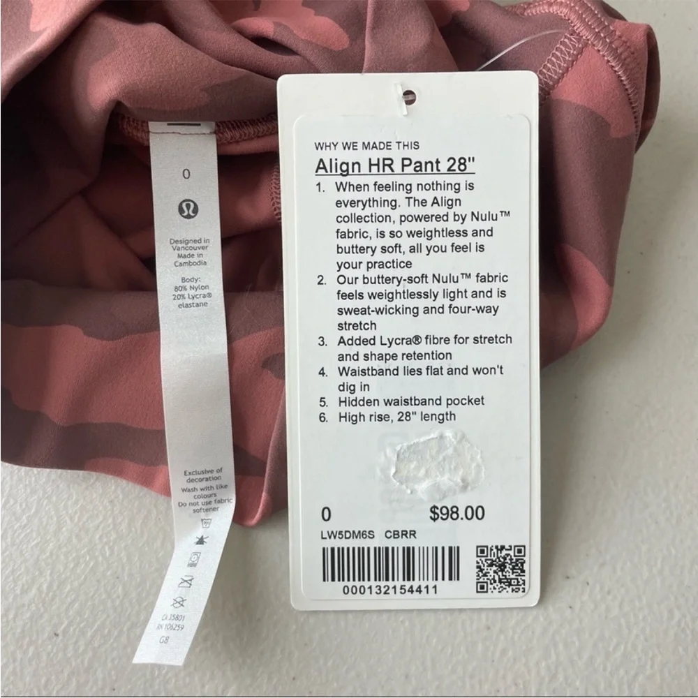 LULULEMON NWT ALIGN HIGH RISE PANT 28” LEGGINGS HERITAGE 365 CAMO BRIER ROSE 0 - Picture 6 of 6